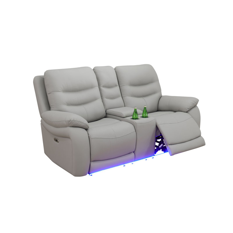 Canapé de salon inclinable 2 pièces en cuir végétalien gris clair Nova avec porte-gobelets et lumières DEL Nova