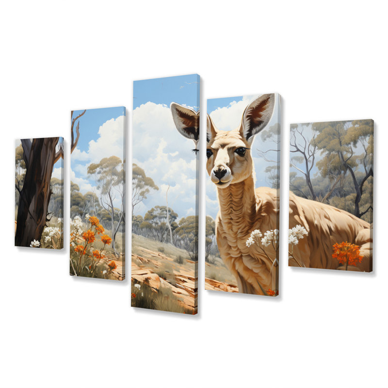 Kangourou Bound Pastoral II - Décoration murale animaux - 5 panneaux