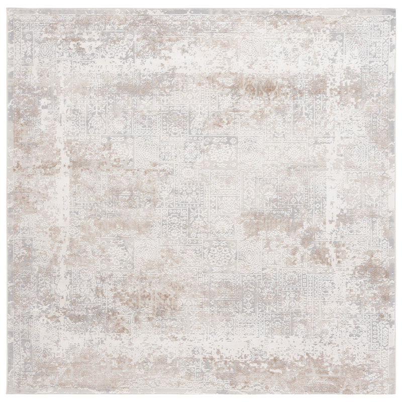 Tapis en polypropylène / polyester tissé à la machine Southwestern en ivoire / gris / beige, Carré 6 pi 7 po