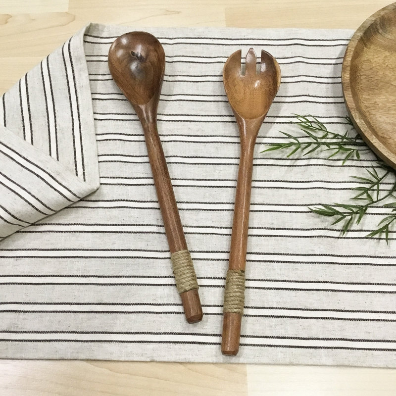 Ensemble de 2 assiettes à salade en bois avec poignées décoratives en jute Fidelma