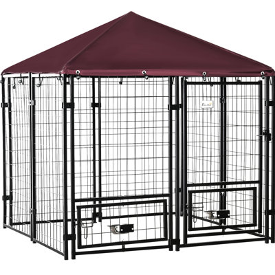 Enclos pour chien de 5 pi X en métal, auvent à eau, bols à eau rotatifs, conception à porte, acier de chenil noir et rouge, porte-bols rotatifs pour chiens, à porte,