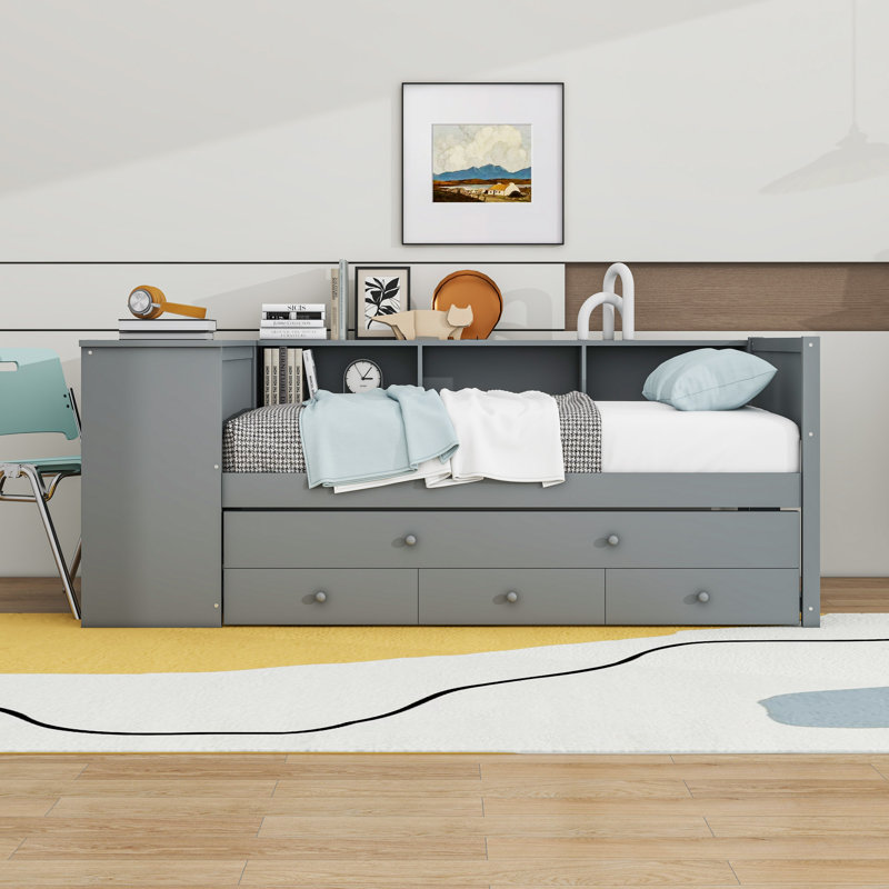 Daybed with Trundle, Storage Drawers, Side Shelves and Desk, Twin, Gray