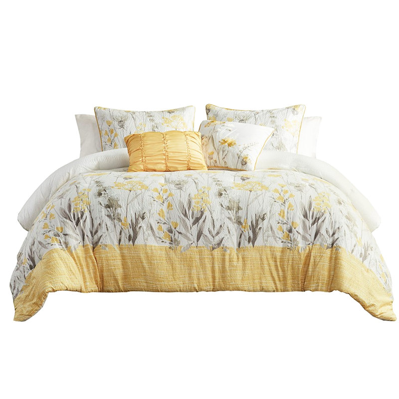 5 pièces, édredon en tissu gaufré, jaune, double / grand, chalet, coussins brodés, literie jaune, rembourrage moderne