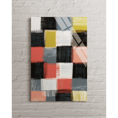 Abstrait géométrique, art mural en verre trempé - peinture à motif de grille moderne, décor de maison minimaliste du milieu du siècle, grand art mural en verre coloré