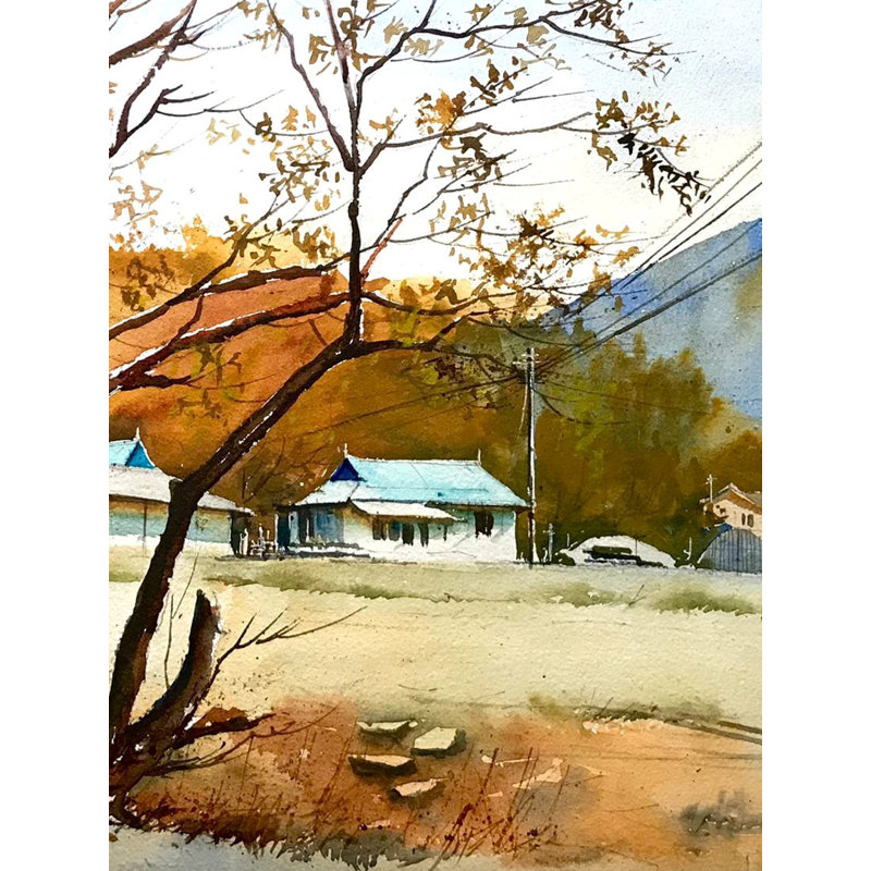 Village d'automne | Aquarelle sur papier | Par Abhijeet Bahadure