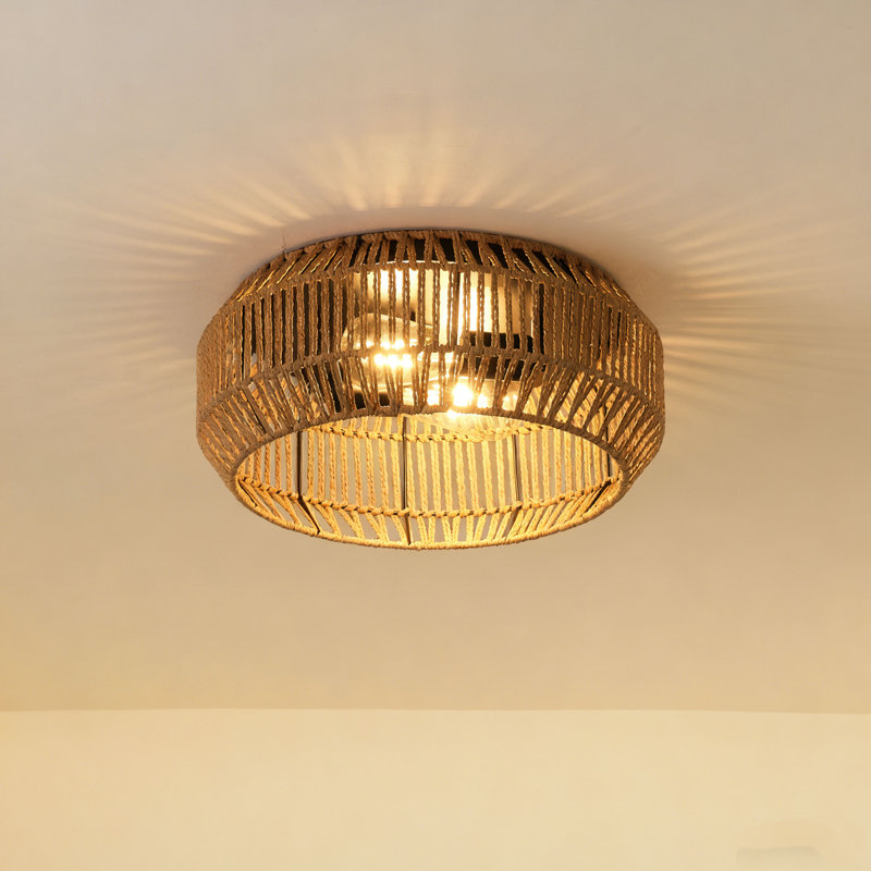 Kadner 2-Light Bulbs Retro Farmhouse Rattan Boho Dimmable Flush Mount Light