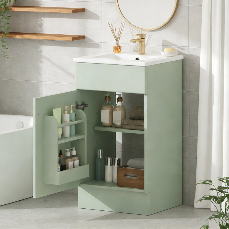 Meuble-lavabo durable en panneau de fibres à densité moyenne avec lavabo en céramique, porte à fermeture en douceur et grand espace de rangement pour les salles de bain modernes