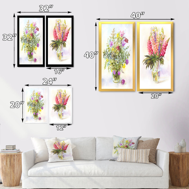 Bouquet de lupins roses en fleurs - Ensemble de 2 peintures sur toiles, H 32 po x l 32 po x P 1 po, Cadre photo doré
