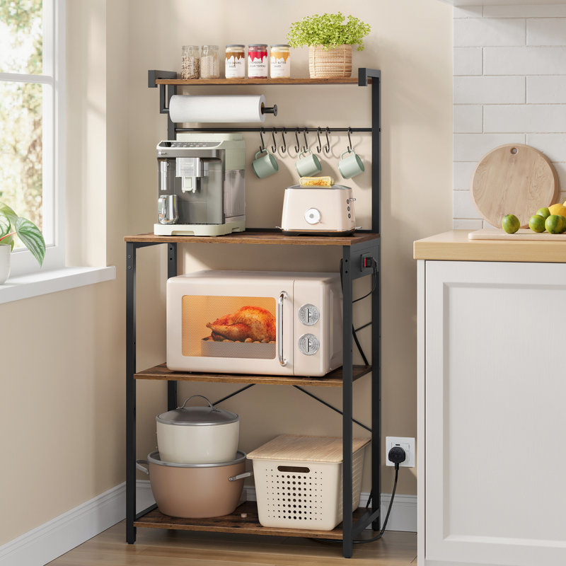 Kitchen Bakers Rack With Power Outlet, 4-Tier Coffee Bar With Adjustable Shelf, Microwave Stand, Paper Towel Holder, 40 X 60 X 140 Cm