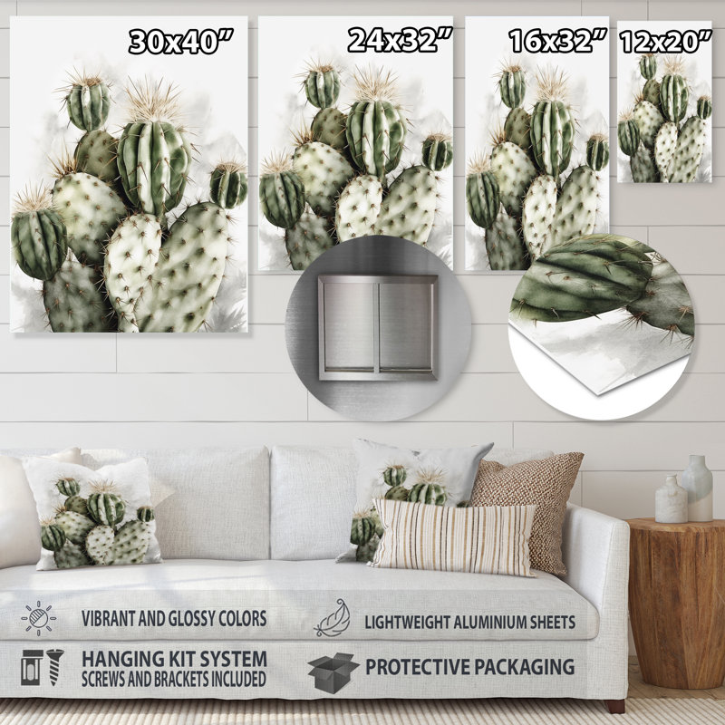 Hasad Green Desert Flower Cactus sur impression métallique, H 20 po x l 12 po