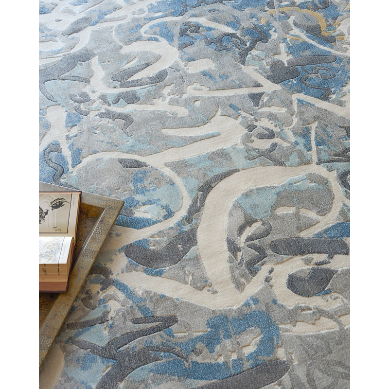 Rectangle Gianni Abstract Hand Loomed Wool/Bamboo Slat/Seagrass Area Rug in Blues/Silver/Ivory, Rectangle 10' x 14'