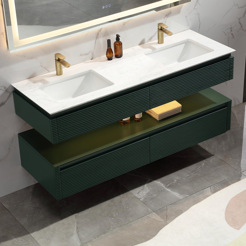  Ensemble de meuble-lavabo double mural moderne 60 po avec 2 tiroirs à fermeture en douceur, plateau en pierre reconstituée et veilleuse intégrée Lumino