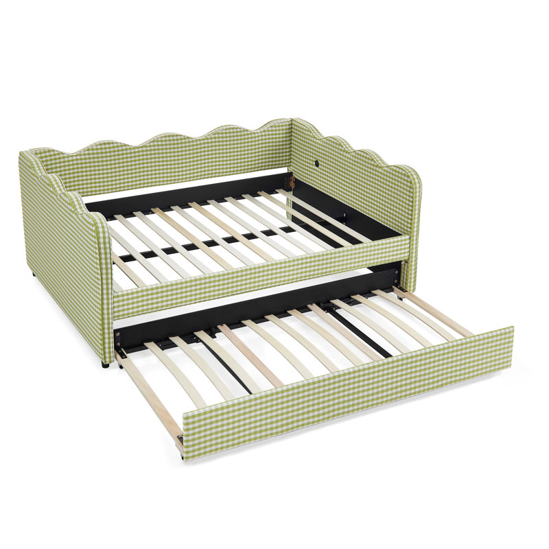 Lit de jour en vichy double avec couchette simple sans sommier, avec port USB et adorable tissu en forme de vague, Lit double