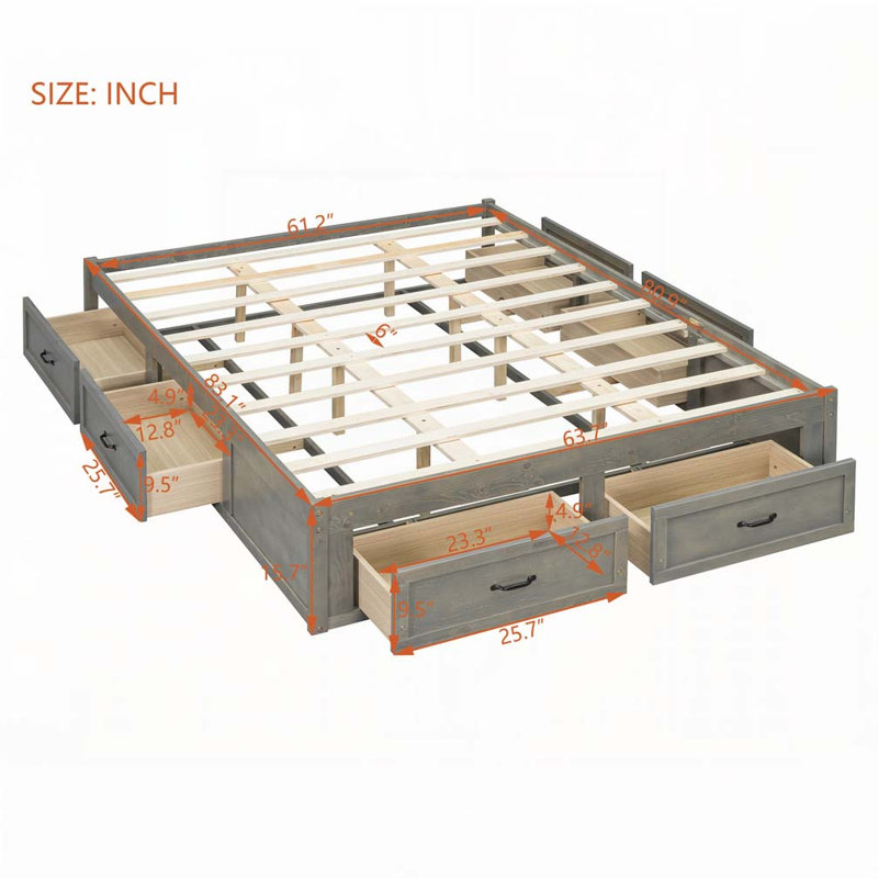Lit plateforme en bois avec 6 tiroirs de rangement, Gris antique, Grand