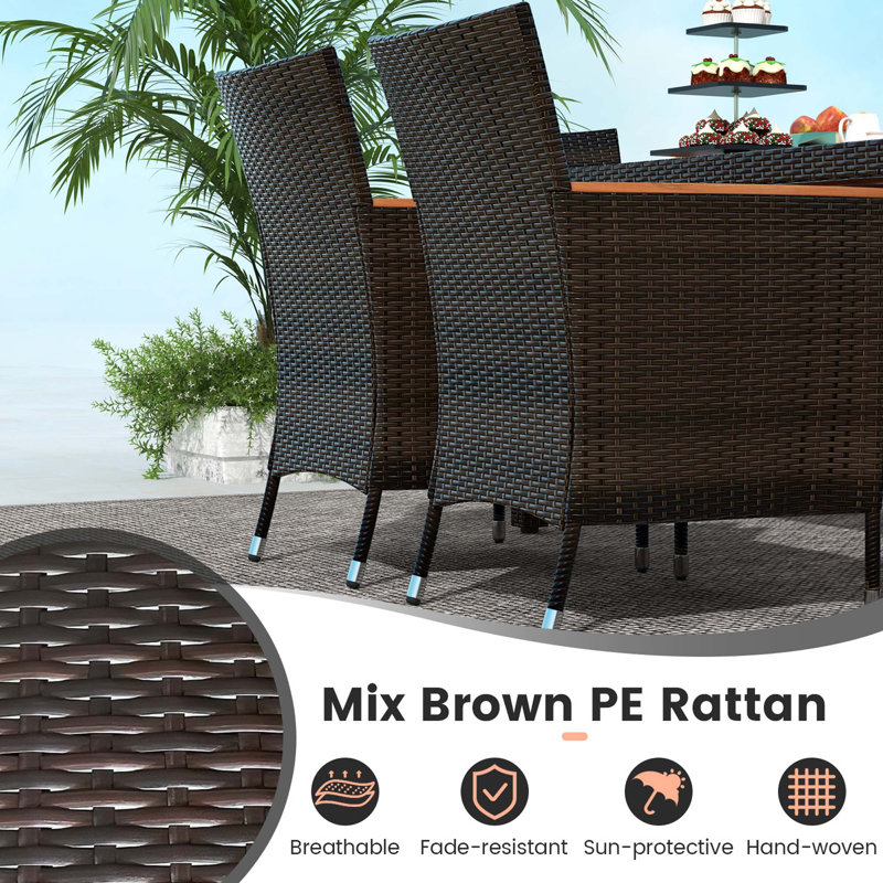 7-Piece Brown Wicker and Acacia Wood Outdoor Dining Set
