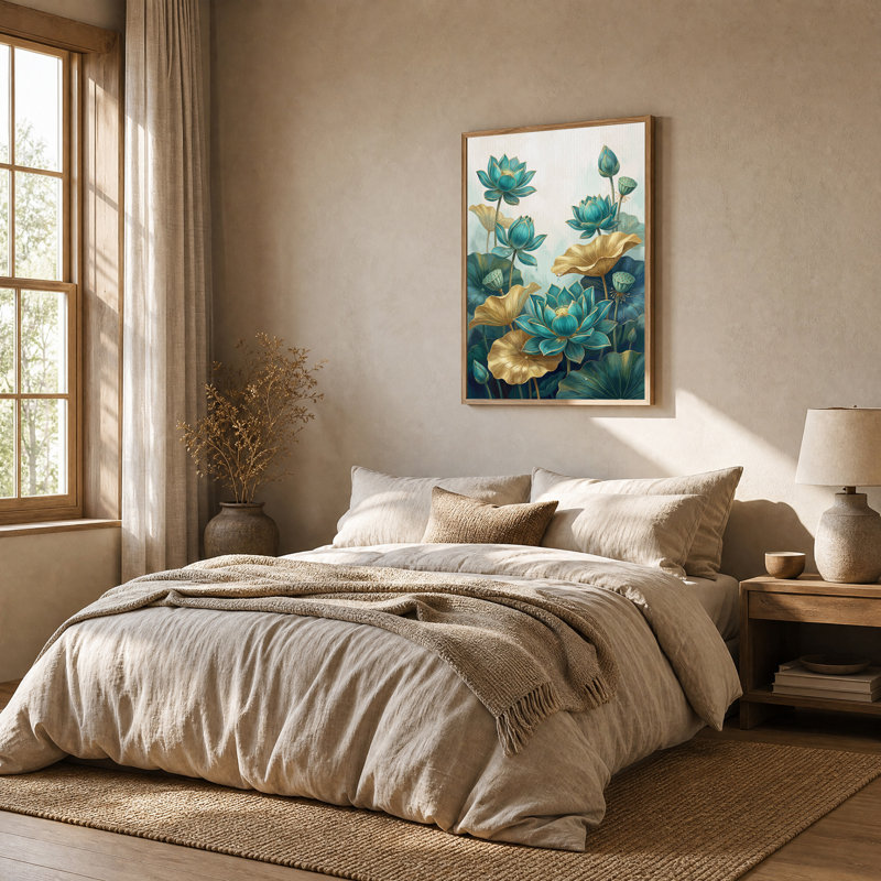 Art mural sur toile, fleurs de lotus bleu sarcelle et feuilles d'or, H 48 po x l 36 po