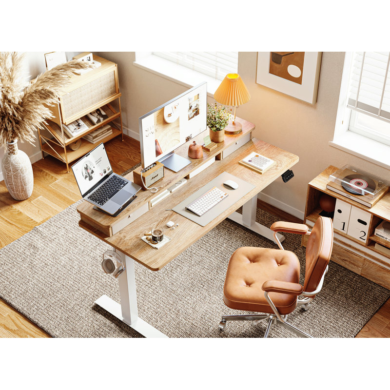 Eliuth Height Adjustable Standing Desk, 46" H x 55" W x 24" D, Maple/White