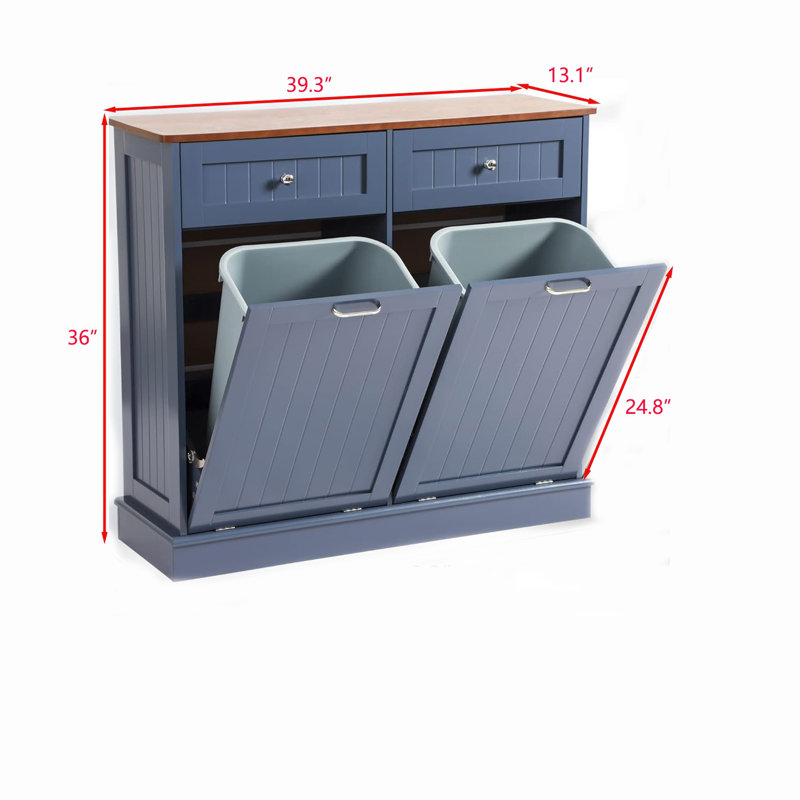 Blue Double Tilt Out Trash Can Cabinet with Wood Top
