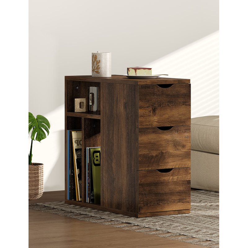 Narrow End Table With 3 Drawers And Storage Shelves For Living Room, Brown