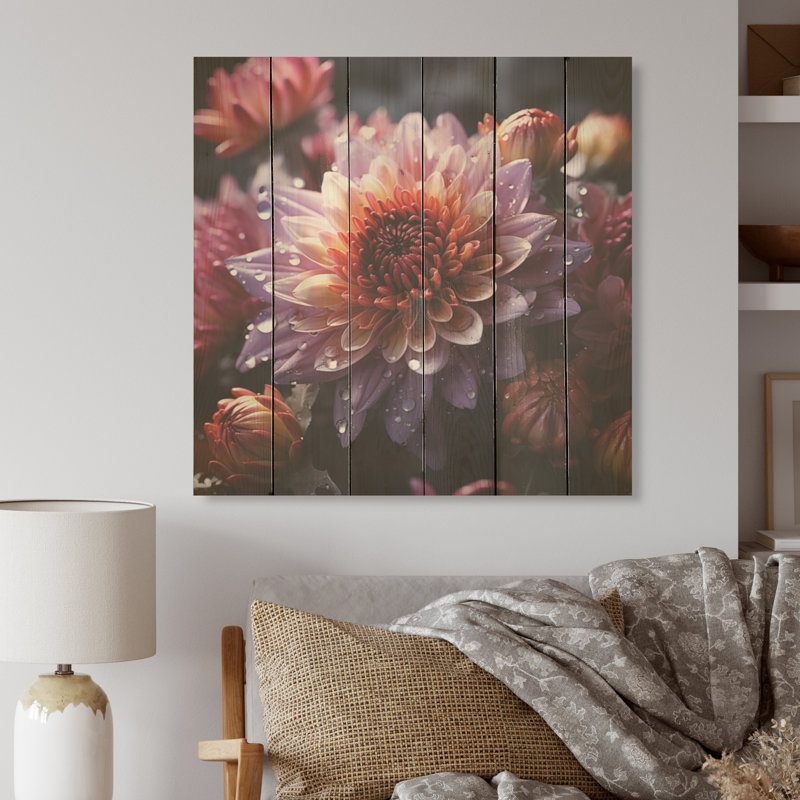 Fleurs de zinnias lavande au crépuscule - panneau de bois Zinnias sur bois de pin naturel, H 36 po x l 36 po