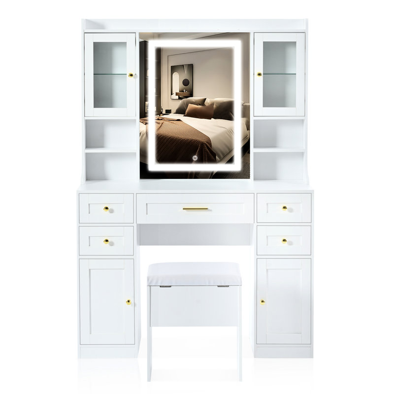 Meuble-lavabo blanc 41,4 po avec éclairage réglable, 5 tiroirs, 4 armoires, station de charge, tabouret rembourré et extérieur rétro - configuration idéale pour une chambre à coucher