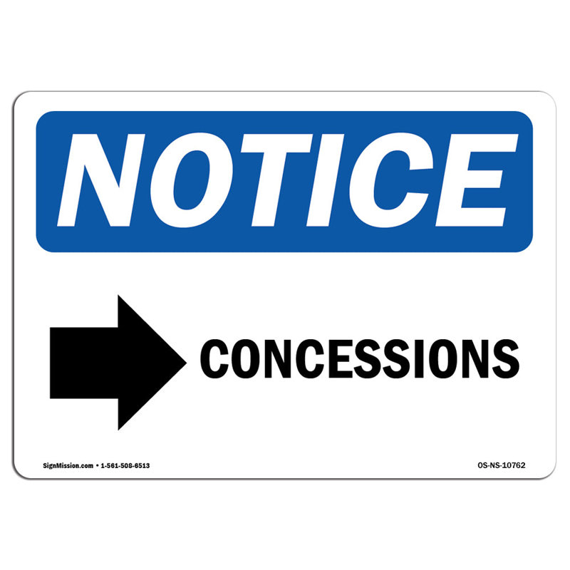 Concessions [Right Arrow] Aluminum Sign 12 x 18