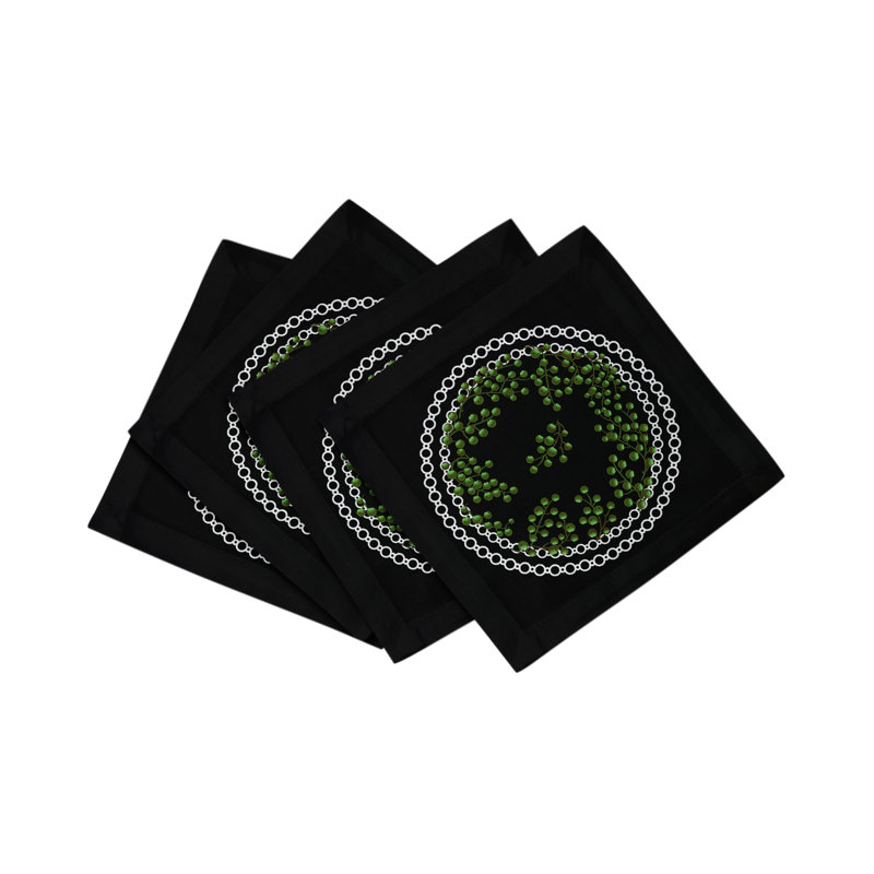 Christmas Berries Cotton Sateen Cocktail Napkins, Green Black
