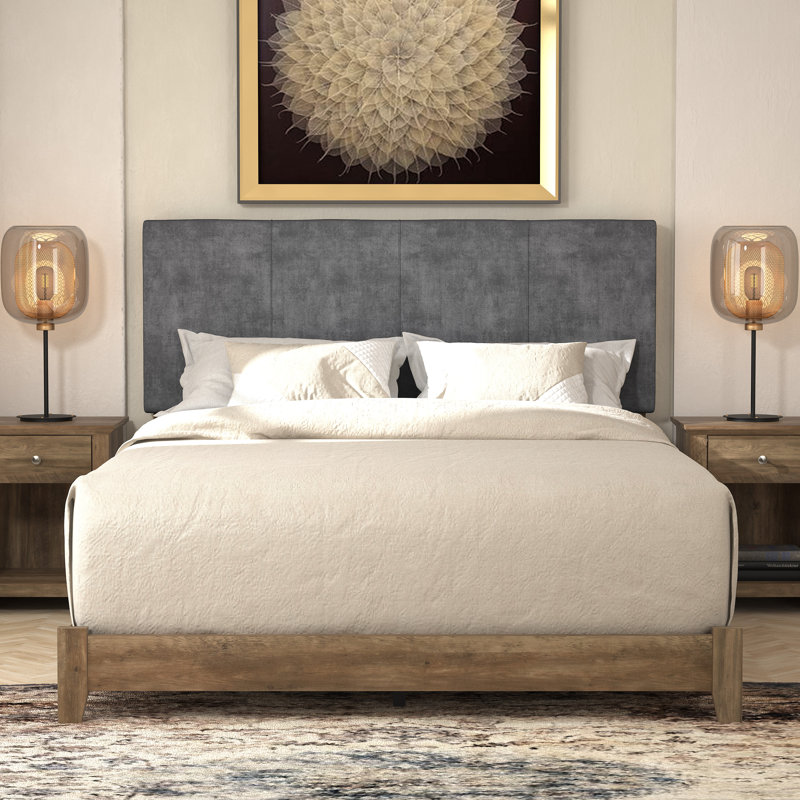 Arinola Upholstered Platform Bed, Knotty Oak/Velvet Gray