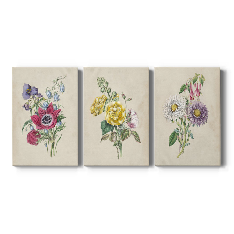 Antique Garden Bouquet I  -Custom Wrapped Gallery Canvas - 3 Pieces, 12" H x 24" W