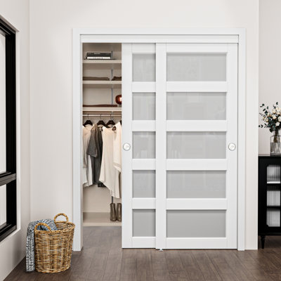 80"  5-Lite Style White  Frosted Glass Sliding Closet Door With Hardware Kit, Assembled Need 