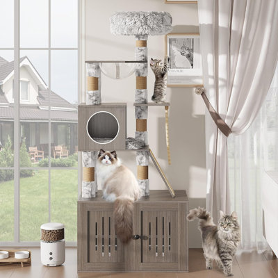 Jaelin Claresa Cat Tree with Litter Box Enclosure, Hidden Washroom Litter Box Tree with Sisal Scratching Post and Soft Plush Perch, Wooden Cat Furniture with Multiple Platforms