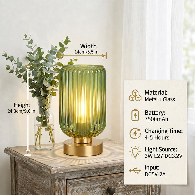 Lampe de table sans fil rechargeable de 7500 mAh avec abat-jour en verre côtelé, lampe de chevet DEL tactile à intensité variable pour chambre, salon et bureau