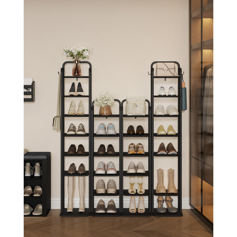 Vertical Shoe Rack, Shoe Shelves, Wood Shoe Organizer for Closet, Entryway, Shoe Tower for Small Spaces, Free Standing, Adjustable, with 2 Hooks