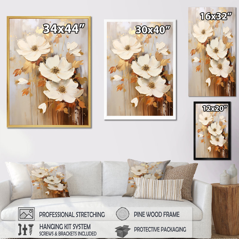 Composition de fleurs saisonnières beiges et dorées sur toile, Cadre flottant doré, H 40 po x l 30 po