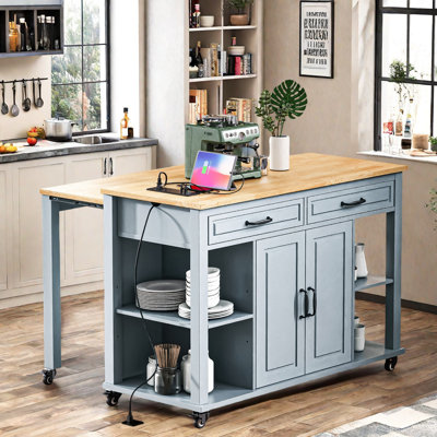 Kitchen Island With Extendable Dining Table, Internal Storage Rack, Power Outlet, 2 Drawers, 2 Cabinet And Open Shelves by Lark Manor