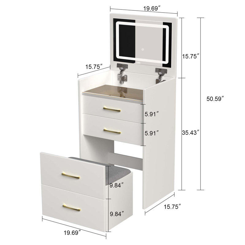 3 in 1 Vanity Desk with open Top Mirror,Small Make Up Vanity Set with Visible Glass Desktop,Compact Makeup Vanity with 3 Drawers,Dressing Table for Bedroom