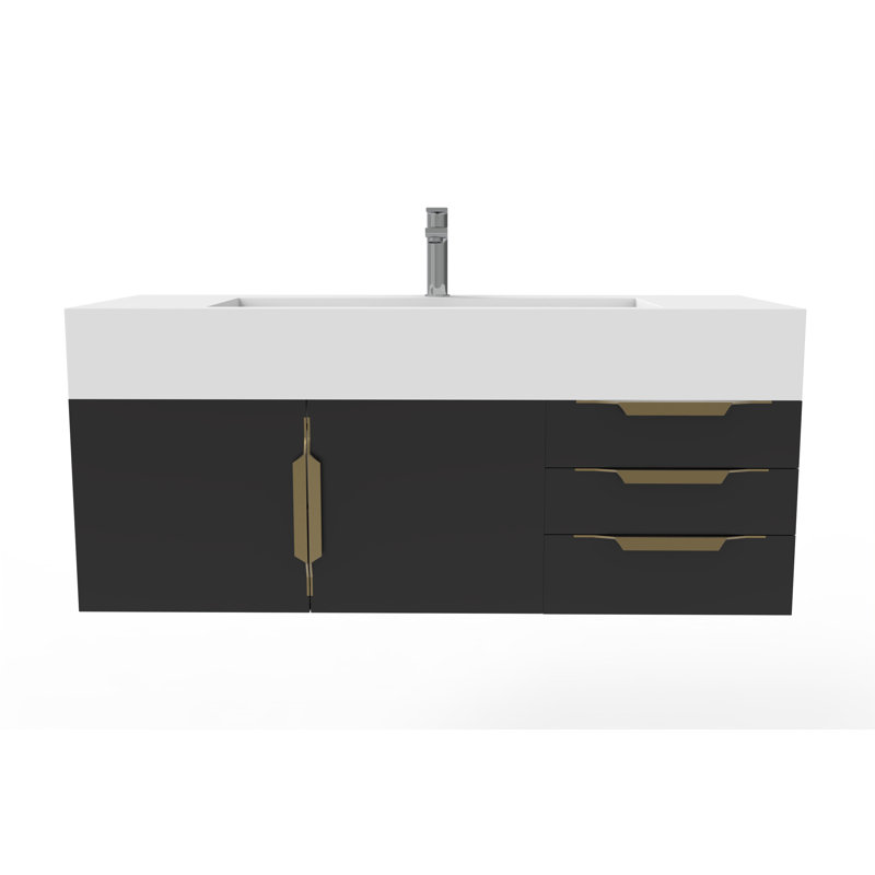 Ensemble de meuble-lavabo simple mural 48 po Nile, Blanc, Doré, Noir