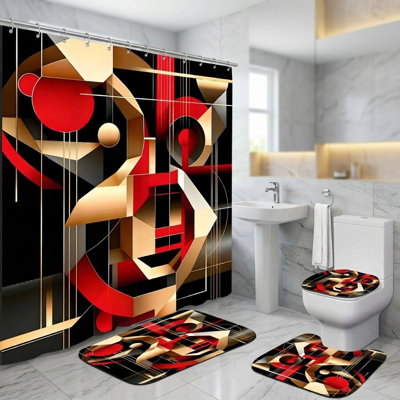 4pcs Red Geometric Abstract Shower Curtain Set with Waterproof Curtain, Flannel Rugs, U Shape, Lid Cover