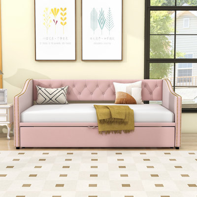 Twin Velvet Upholstered Daybed with Pop Up Trundle, Featuring Soft Backrest by House of Hampton