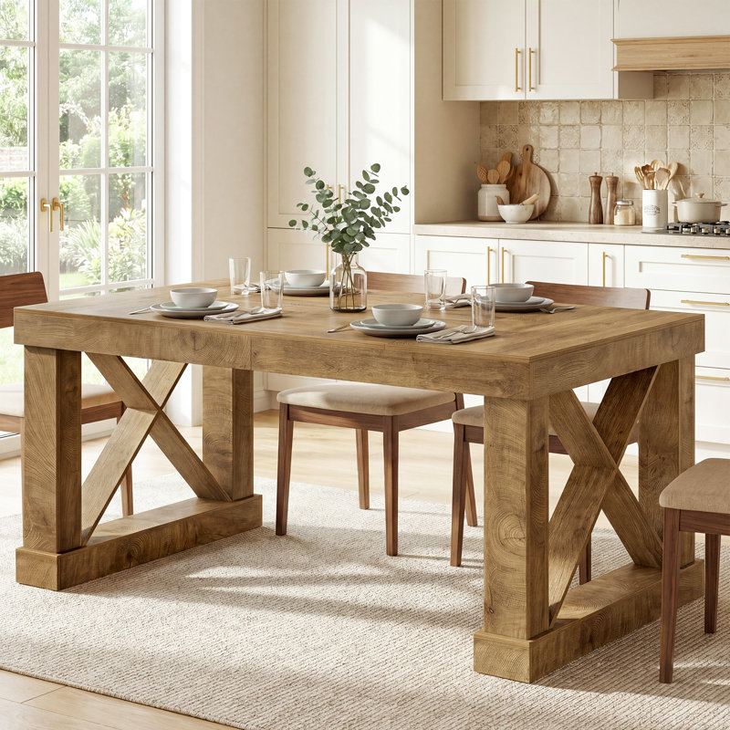 63" Farmhouse Dining Table for 4, Rectangular Kitchen Table with X-shape Base