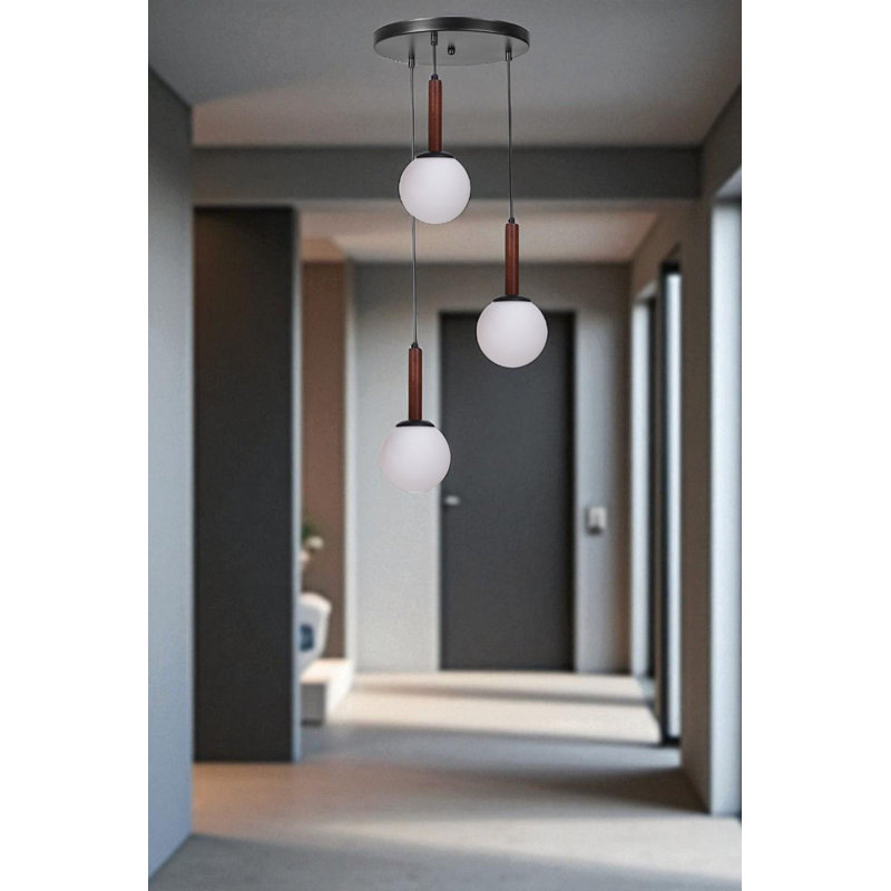 Lustre réglable élégant, structure en métal avec capuchon en verre, 11,8 po x 11,8 po x 31,5 po | Finition élégante en blanc, noyer et noir | 3 x douilles E27 (40 W maximum) | Parfait pour l'éclairage de la salle à manger et du vestibule, indice de protection IP20