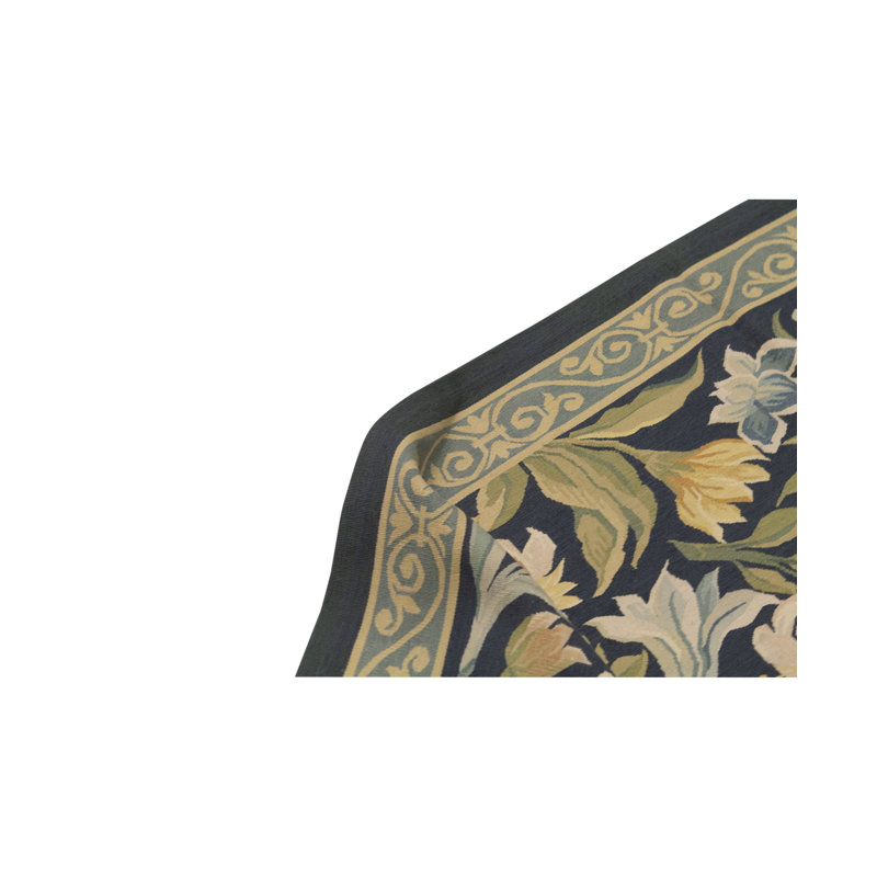 Hand-Knotted High-Quality Navy, Cream, and Green Area Rug