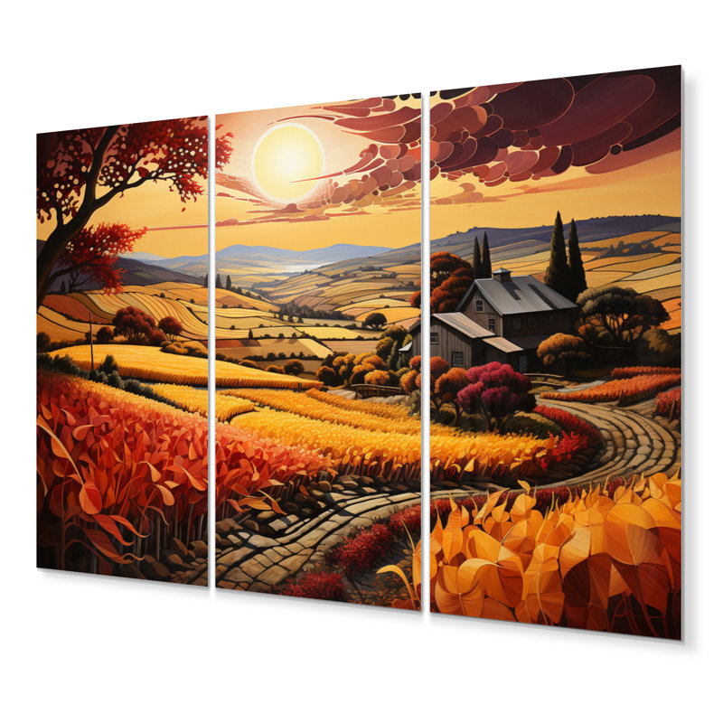 Countryside Crimson Vineyard Patchwork II - Landscapes Canvas Prints Set, H 28 po x l 36 po x P 1 po, Metal