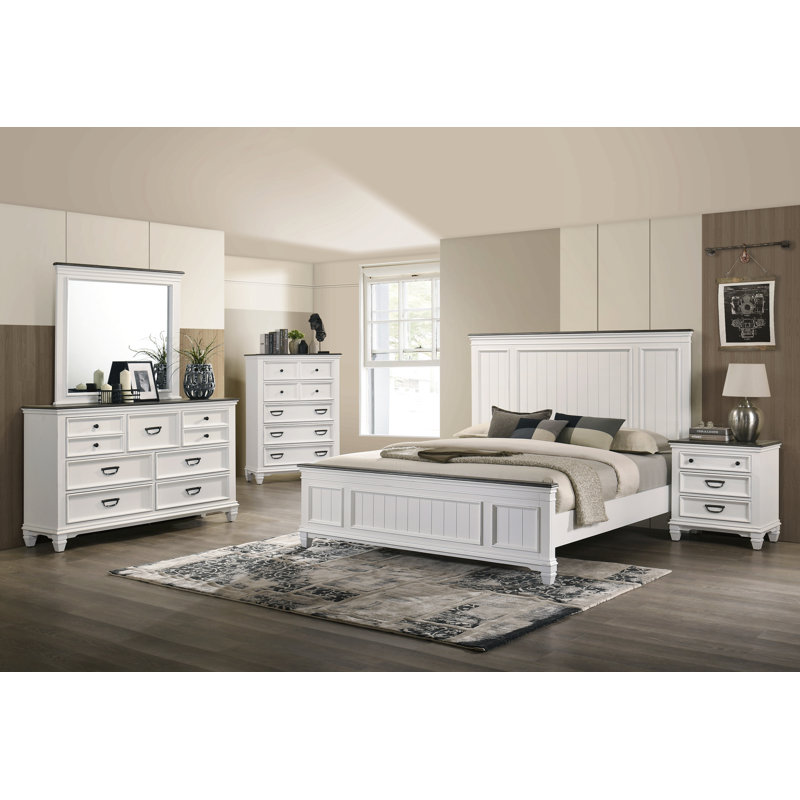 Ensemble de chambre à coucher en bois 5 pièces avec très grand lit à panneaux, commode, miroir, table de chevet et commode