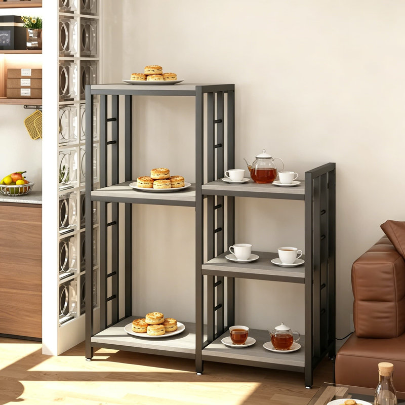 Meuble réfrigéré réglable à 6 niveaux avec prise électrique, support pour micro-ondes avec rangement, tablette de cuisine, coin café, tablette autoportante pour cuisine, bureau, balcon, gris beige