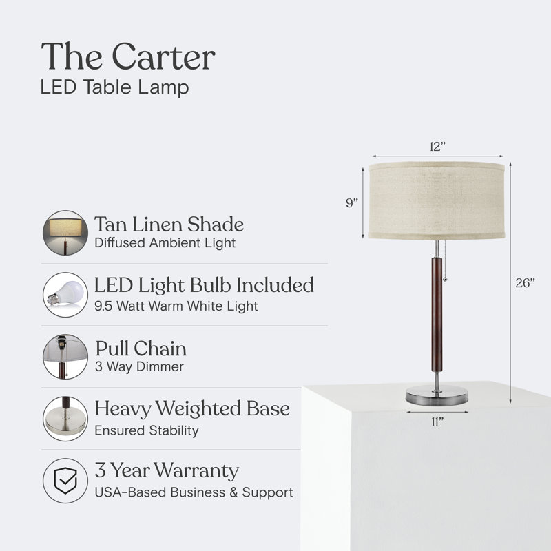 Carter 26 in. Mid-Century Modern Linen and Woodgrain LED Table Lamp