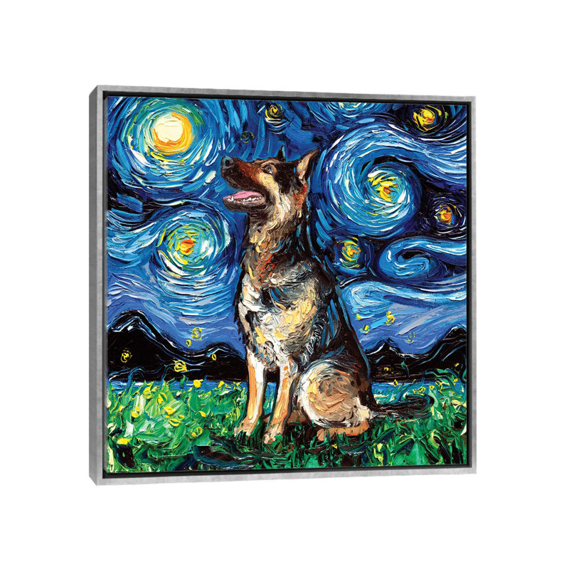 « German Shepherd Night II » par aja Trèves, reproduction d’art, H 37 po x l 37 po x P 1,5 po, Toile avec cadre argenté