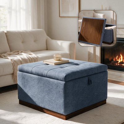 26.3'' Square Button-Tufted Storage Ottoman with Lift-Top Lid and Wood Base
