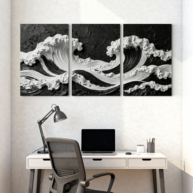 Abstract Black And White Wave Pattern Art Set of 3 Canvas Wall Art Prints, 18" H x 36" W