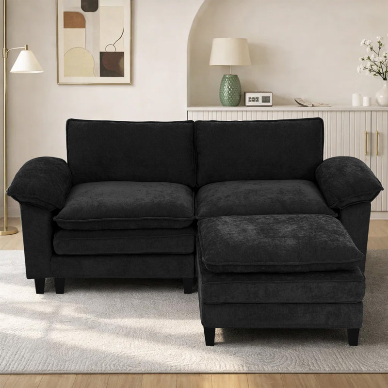 Canapé d'angle rembourré avec 1 repose-pieds, Tissu noir